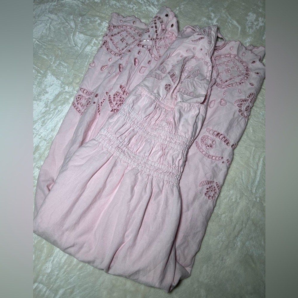 NWT Future Collective Light Pink Scalloped Eyelet Maxi A-Line Dress, Smocked - Picture 12 of 15